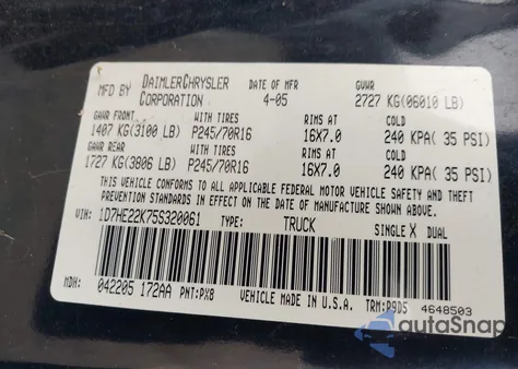 2005 Dodge Dakota St z USA, uszkodzony, nr VIN 1D7HE22K75S320061